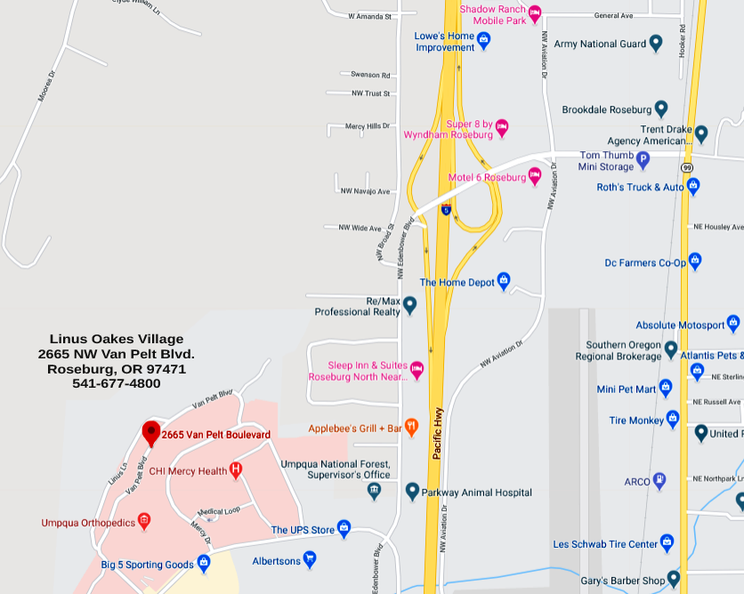 map of Roseburg, OR showing location of Linus Oakes Village